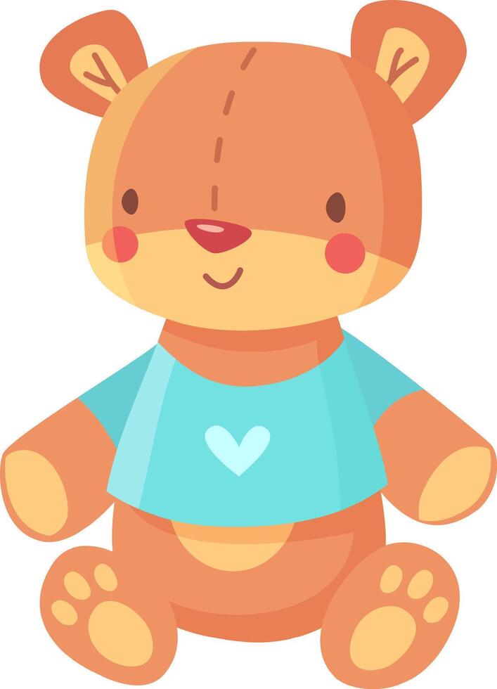 Adorable brown teddy bear in a blue t shirt with a heart, sitting and smiling, perfect for kids and babies. Great for nurseries and playrooms vector