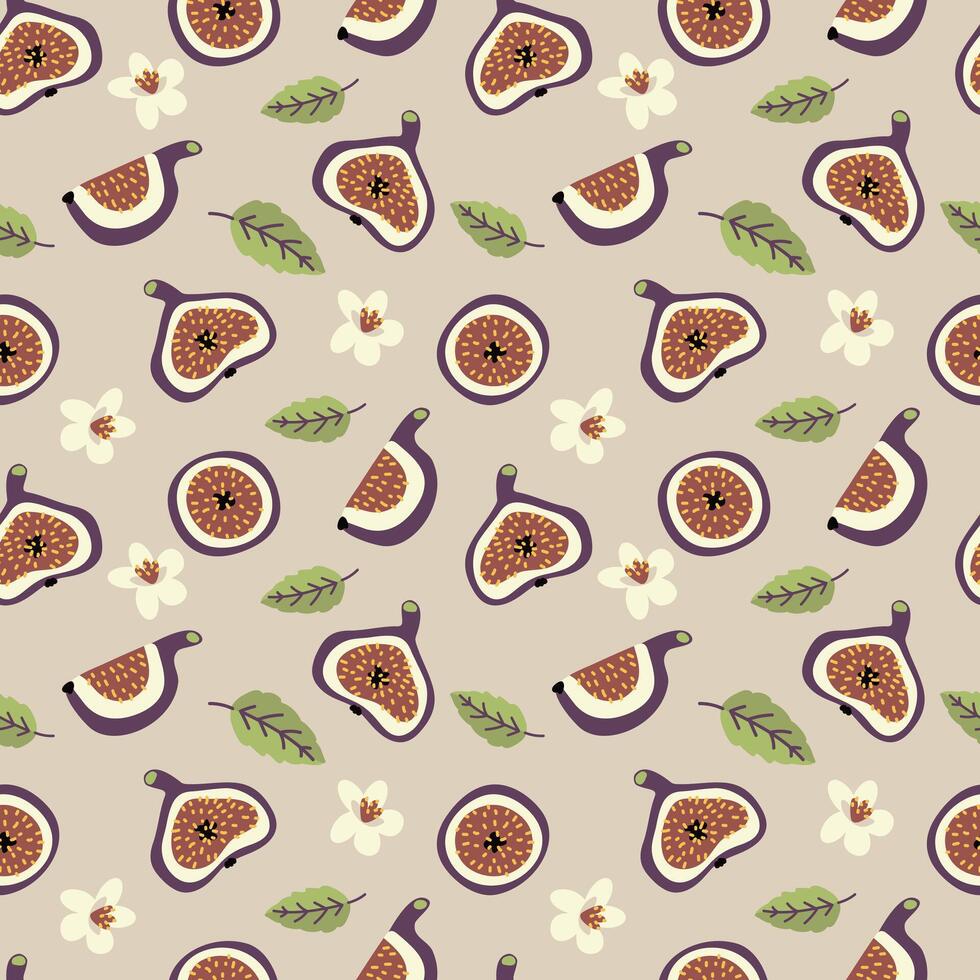 Seamless pattern with fig fruits, flowers and leaves, flat illustrations on beige background vector