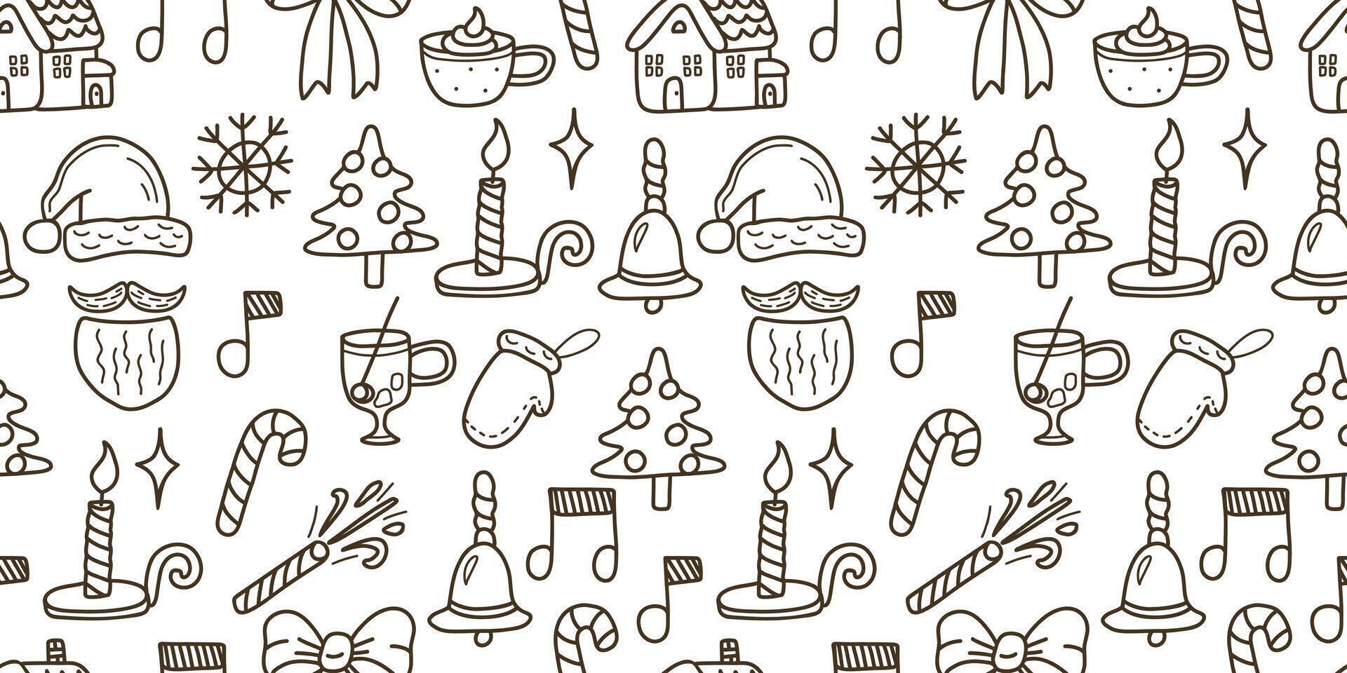 seamless pattern with christmas icons in doodle style on white background vector