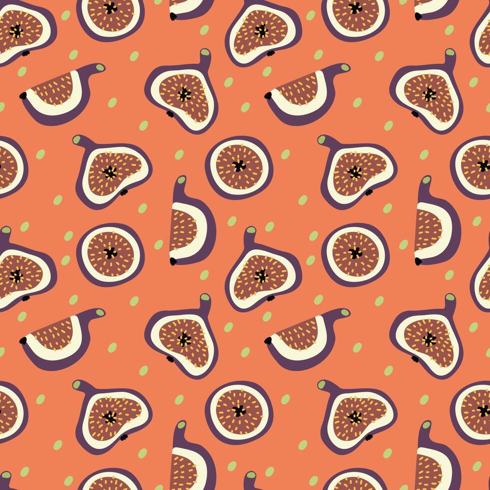 pattern with fig slices and simple pattern on orange background. Flat style illustration vector