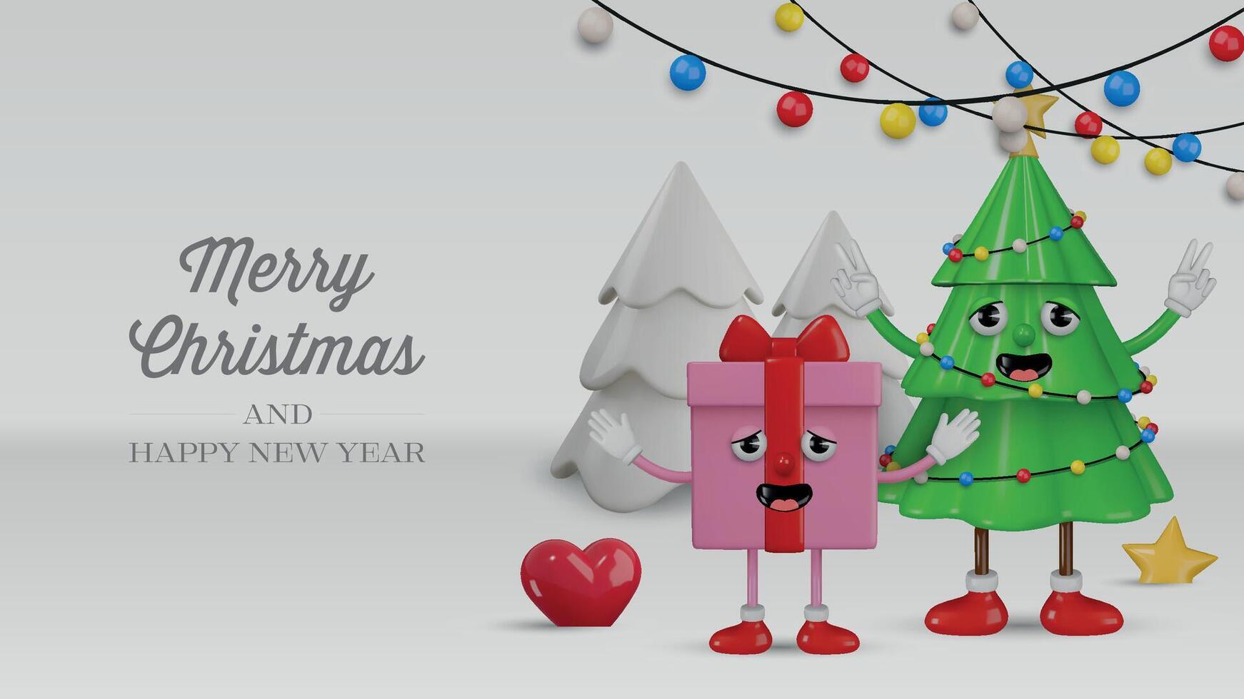 christmas card with funny 3d groovy characters. christmas banner with funny animated gift box and christmas tree vector