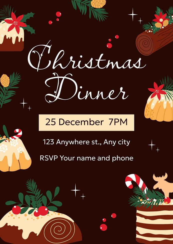 Hand drawn poster design for Christmas dinner. Editable invitation with traditional cakes and sweets. vector