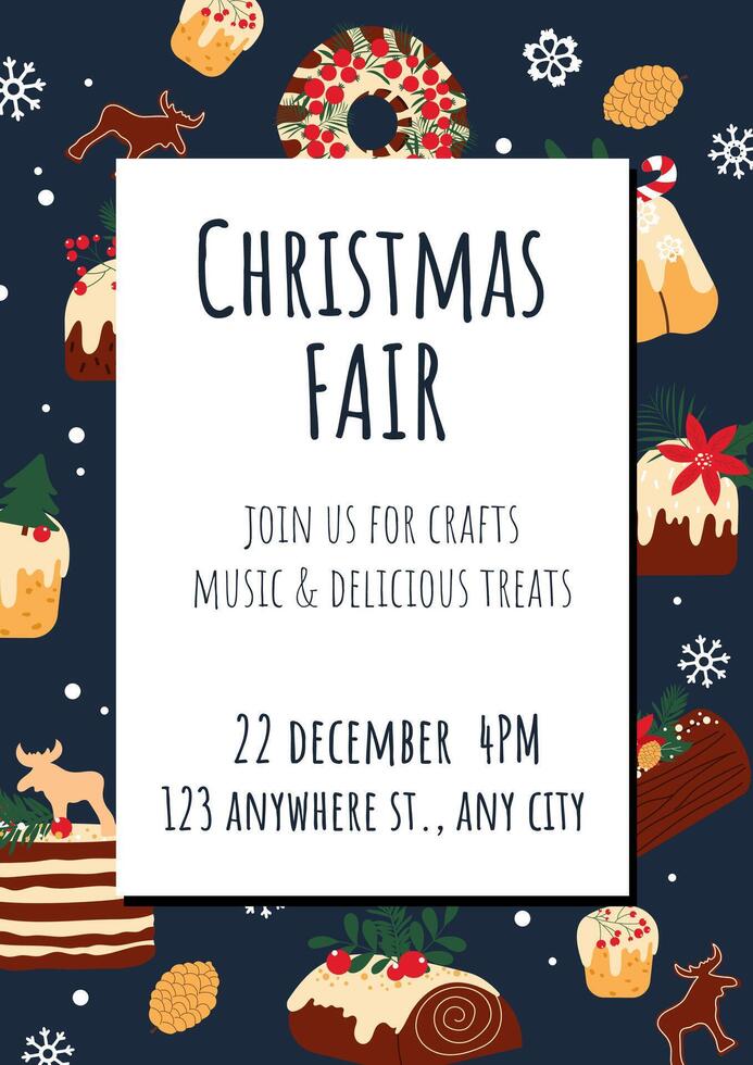 Hand drawn poster design for Christmas fair. flyer editable template with cakes and sweets on blue background. vector