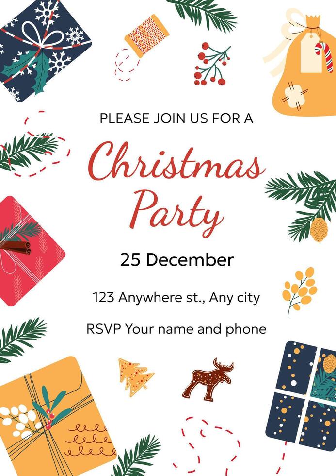 Hand drawn party invitation Christmas flyer. Design with gift boxes on white background. vector