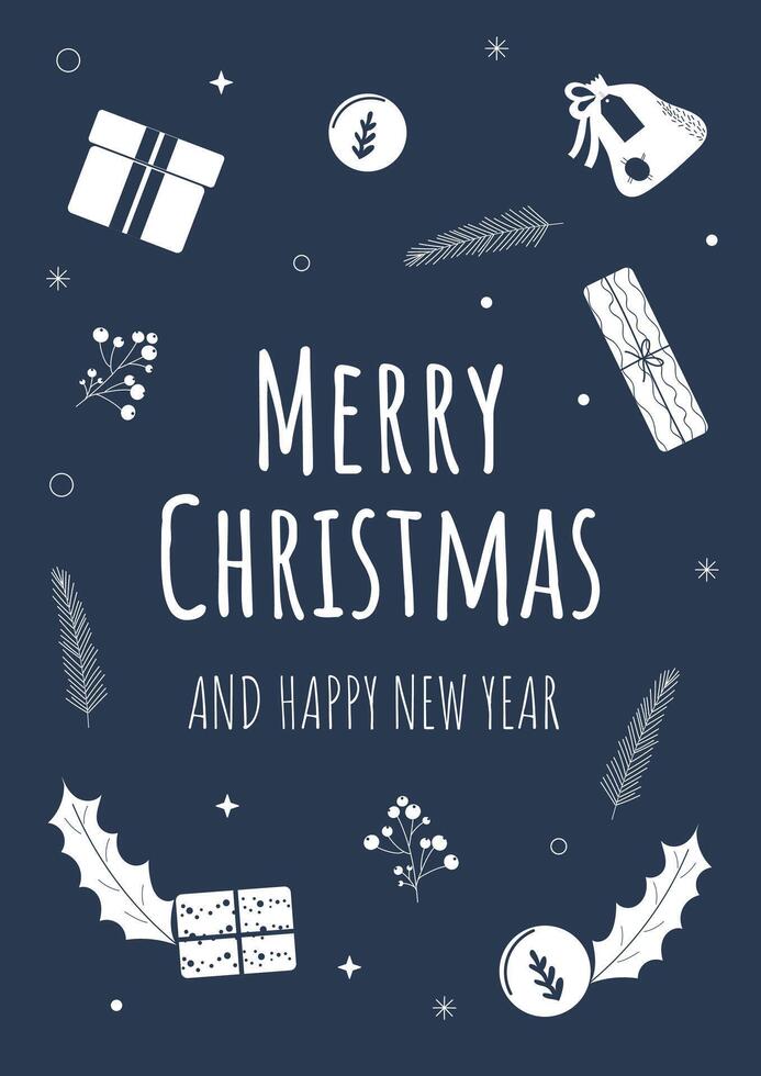 Template for a Christmas greeting card. Doodle winter decor on a blue background. vector