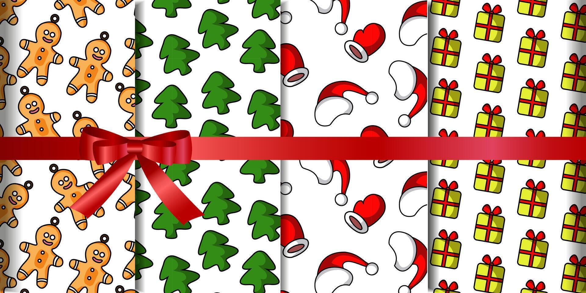 Christmas pattern set with cute Santa hat, present box, Christmas tree and ginger man cookie vector