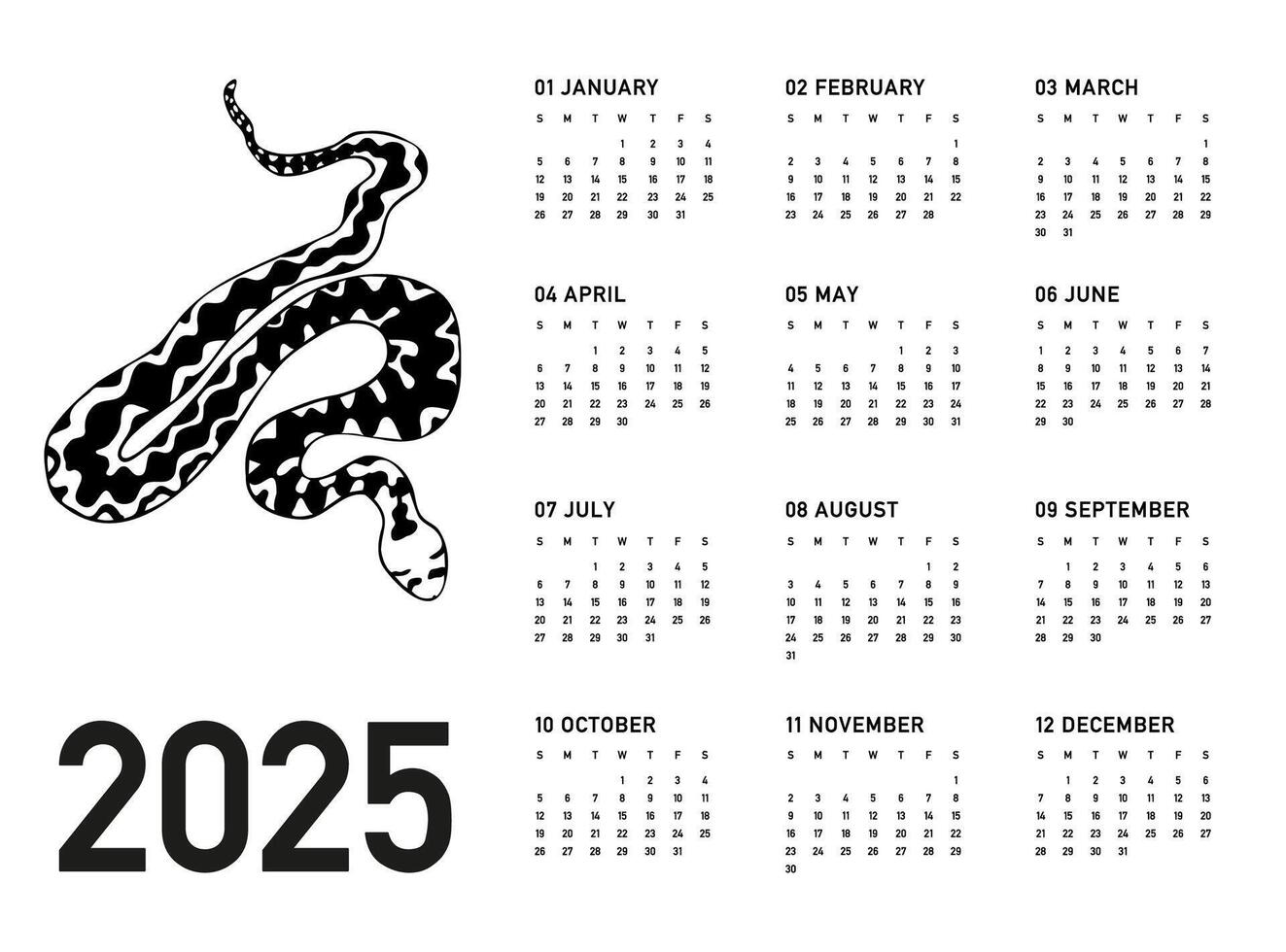 Calendar 2025, the year of green snake according to Chinese calendar, week starts on Sunday, on white background with black python snake. Horizontal business calendar in minimalist style vector