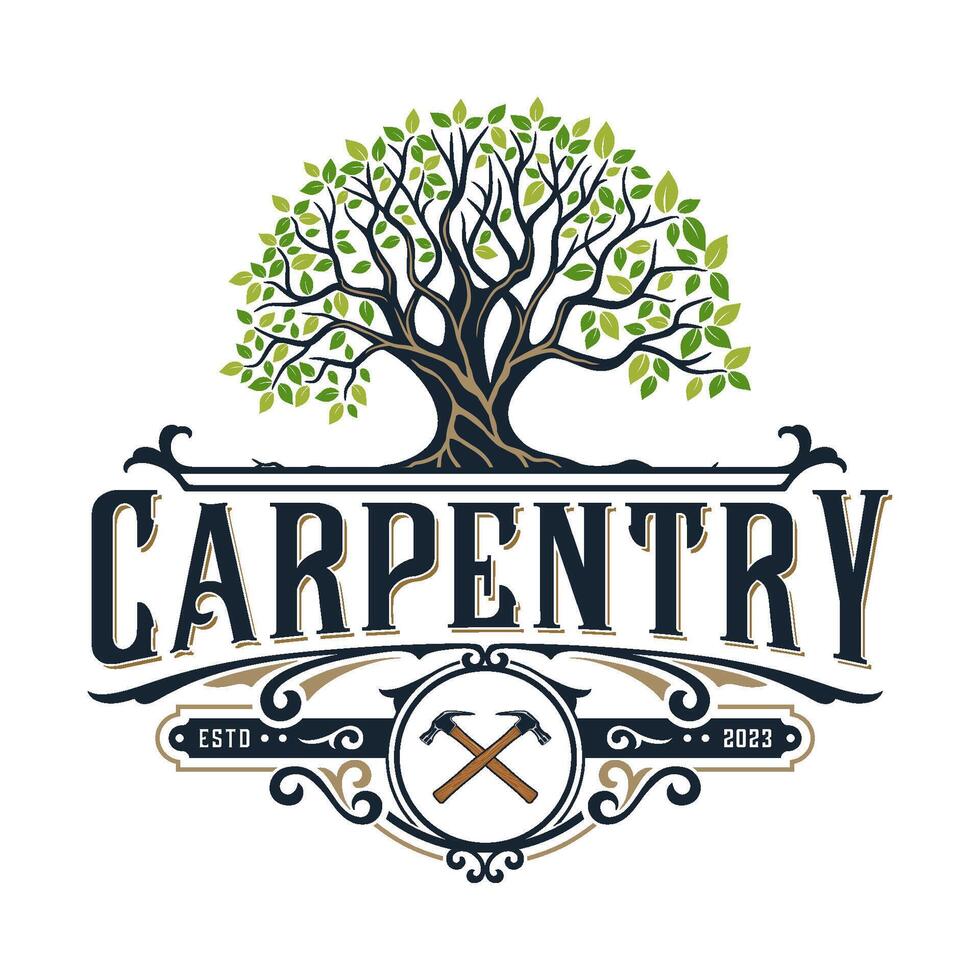 carpentry logo. oak tree and saw vintage style decoration for carpenters vector