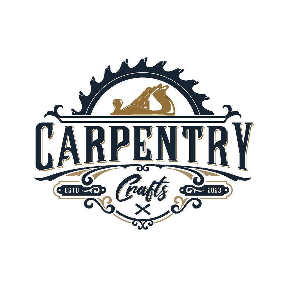 carpentry vintage logo. hand plane icon and saw ornament for carpenter vector