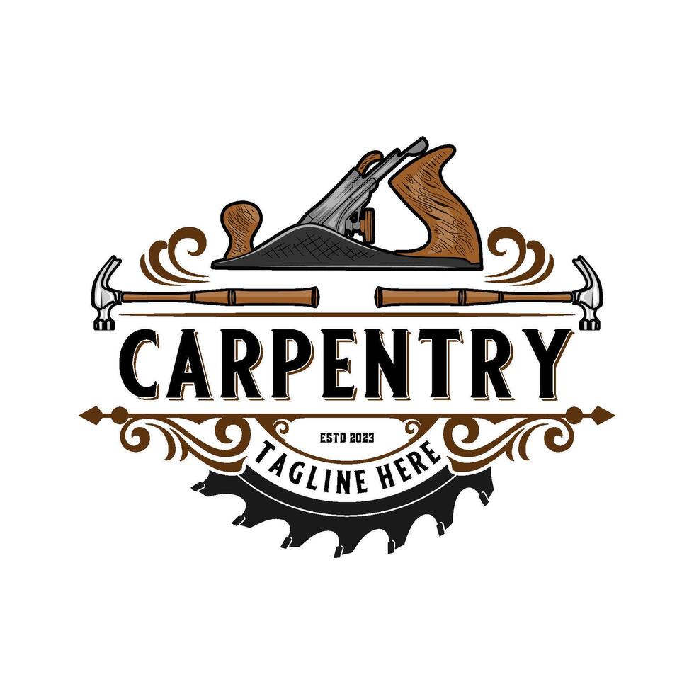 carpentry logo. hand plane hammer and saw vintage style ornament for carpenter vector