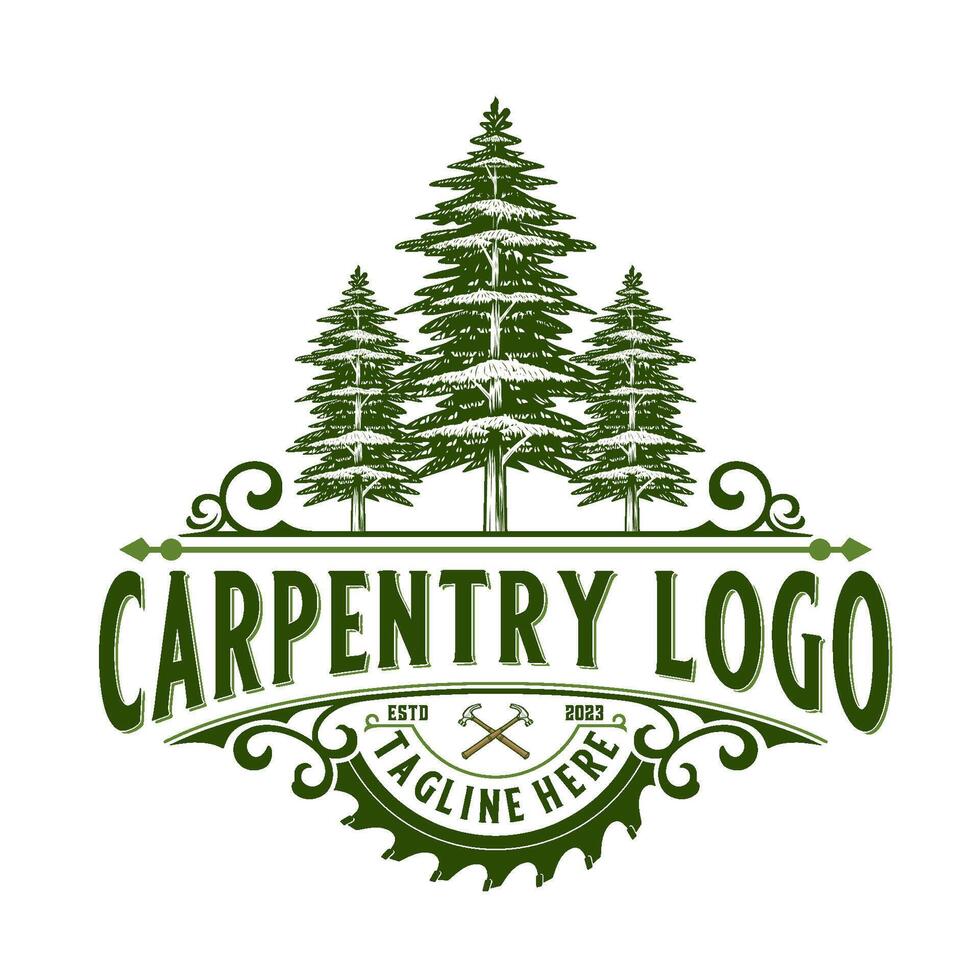 carpentry logo. pine tree and saw vintage style for carpenters vector