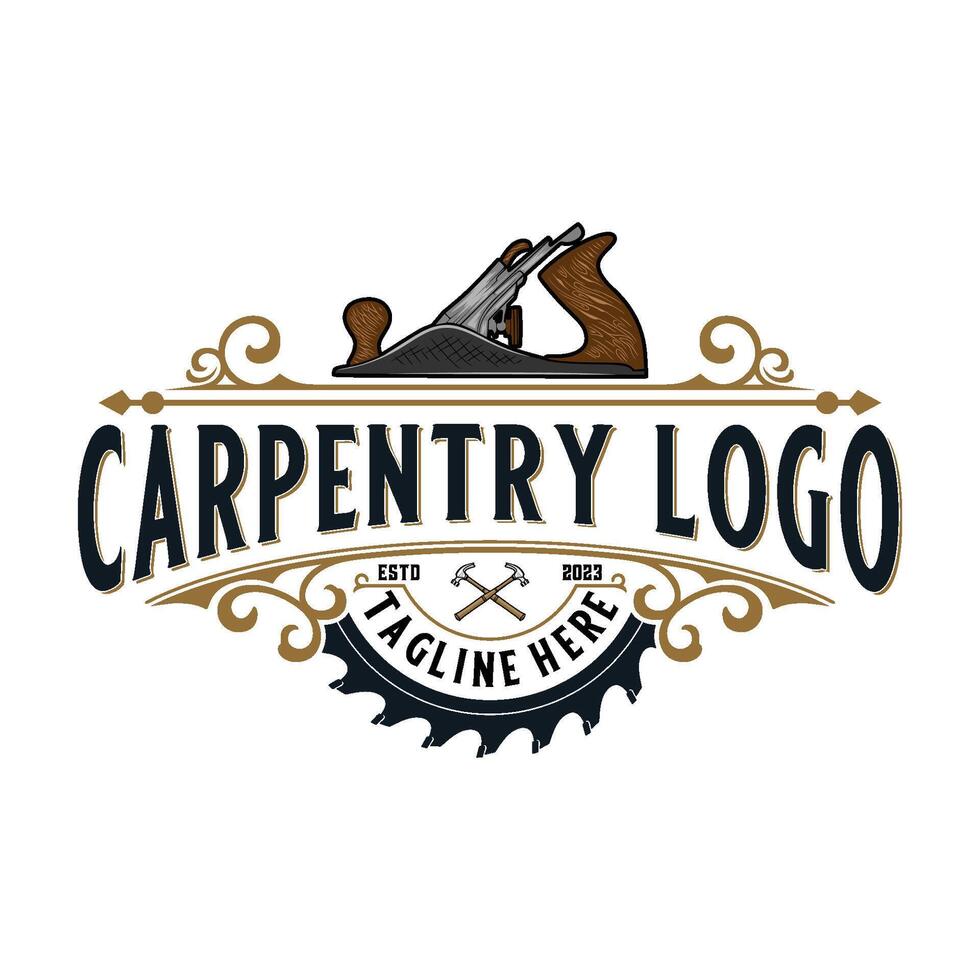 Carpentry logo with wood planer tool elements or jack plane and hammer, for woodworking vector