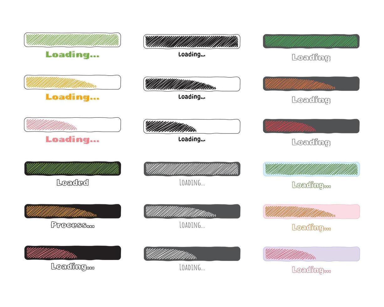 Collection Loading bar status icon. illustration. Set of loaded icons. Download progress. Donload or Upload. Hand-drawn sketch-scribble. vector