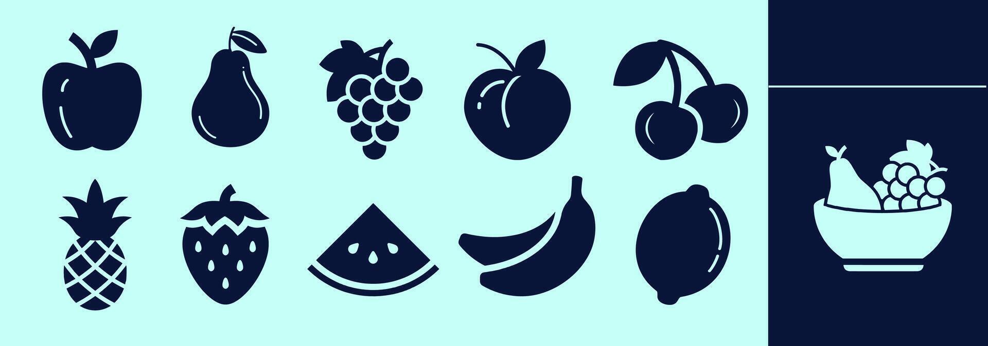 Fruits SOLID icon set for logo, marketing, digital work. Apple, pear, banana, pineapple, cherry, peach, grapes, strawberry, watermelon, lemon. Editable outline, size and color. vector