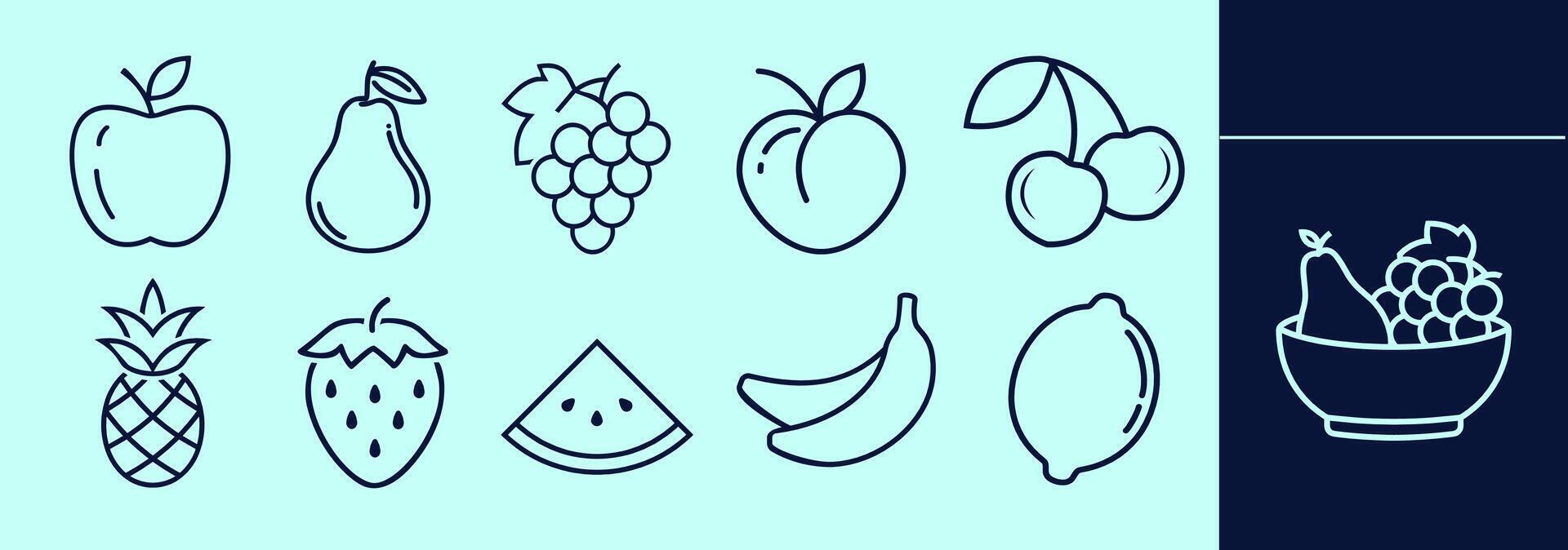 Fruits LINE icon set for logo, marketing, digital work. Apple, pear, banana, pineapple, cherry, peach, grapes, strawberry, watermelon, lemon. Editable outline, size and color. vector