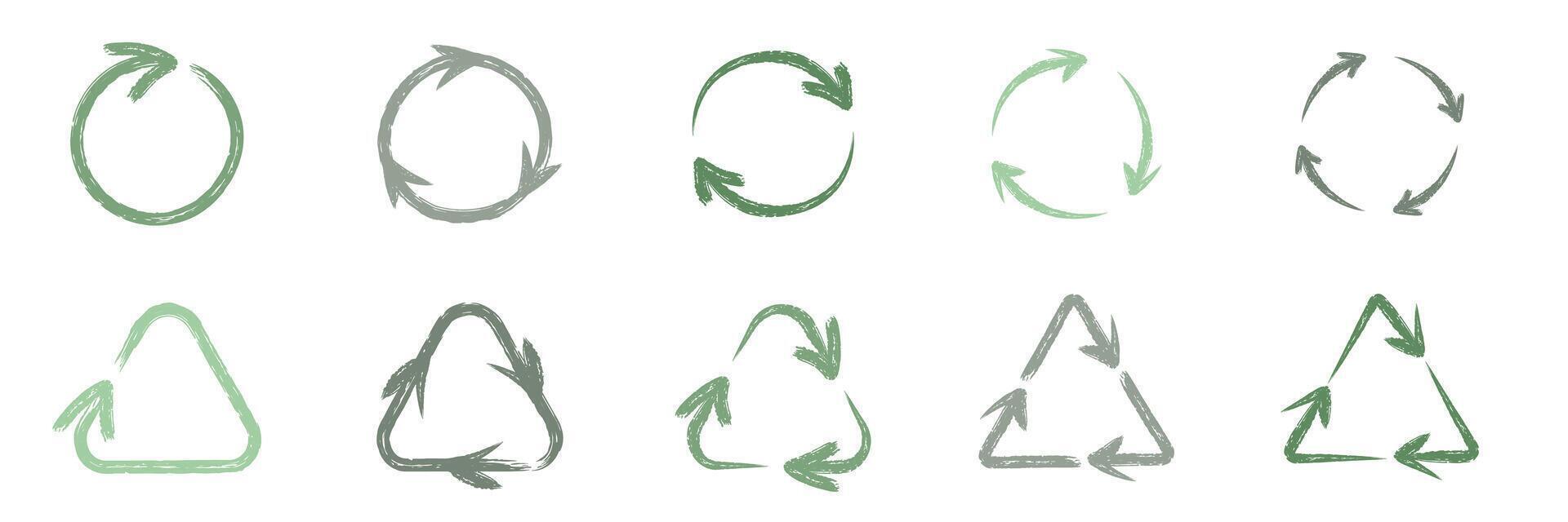 Hand drawn recycling symbols set. Green chalk recycle arrows, refresh icons. Doodle design element for eco and zero waste concept vector
