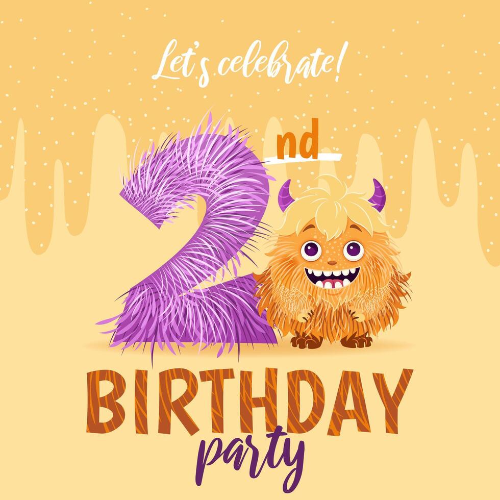Birthday party invitation card with cartoon monster, hand drawn fluffy number two, and slime. Celebrate a second birthday. Happy birthday and Halloween concepts. Postcard template. vector