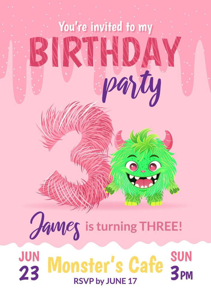 Birthday party invitation card with cartoon monster, hand drawn fluffy number three, and slime. Celebrate a third birthday. Happy birthday and Halloween concepts. Postcard or leaflet template. vector
