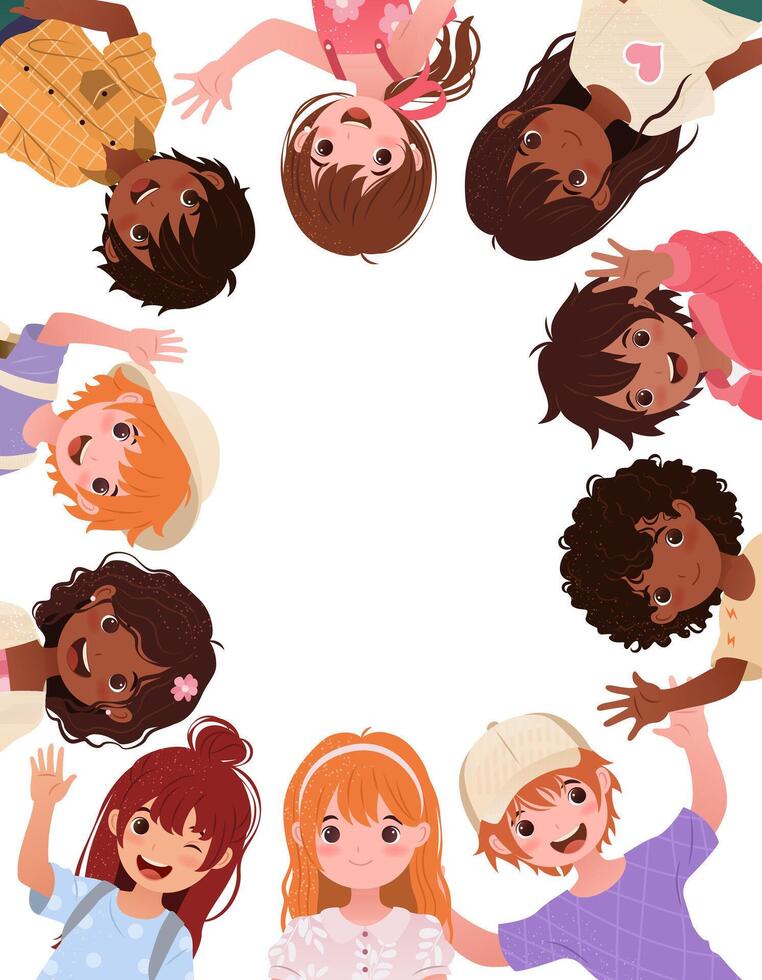 Banner with Multiracial Cartoon Kids. Vertical template with empty space for your text. Little boys and girls for educational designs, Back to School, greeting cards. Illustration with children vector