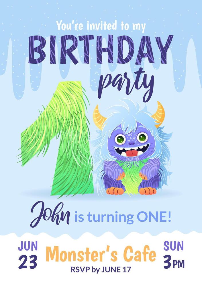 Birthday party invitation card with cartoon monster, hand drawn fluffy number one, and slime. Celebrate a first birthday. Happy birthday and Halloween concepts. Postcard template. vector