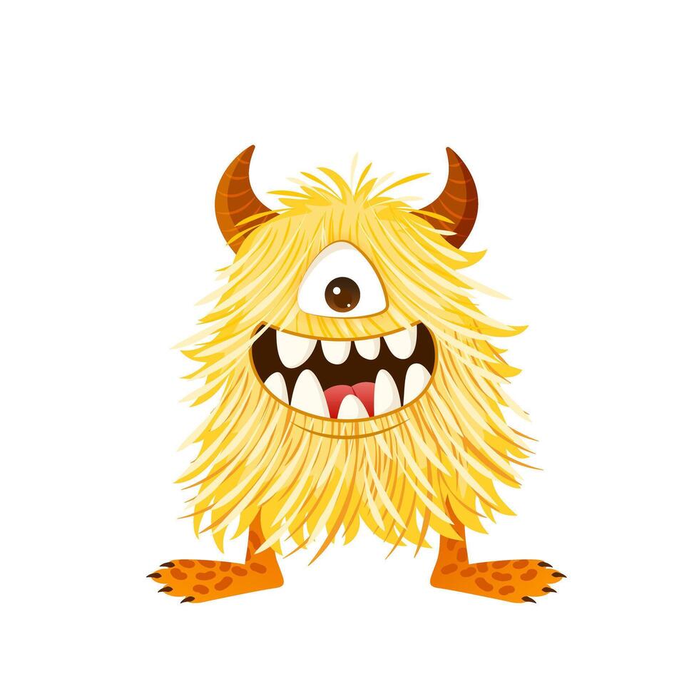 Cute cartoon fluffy monster with horns on a transparent background. Isolated funny animal for childish designs, greeting cards and invitations for Halloween and birthday parties. Clip art. vector