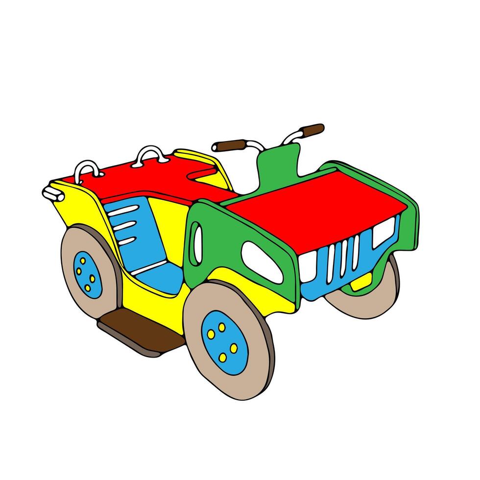 Beautiful hand-drawn colored illustration of toy wooden car isolated on a white background for children. Red Green blue yellow vector