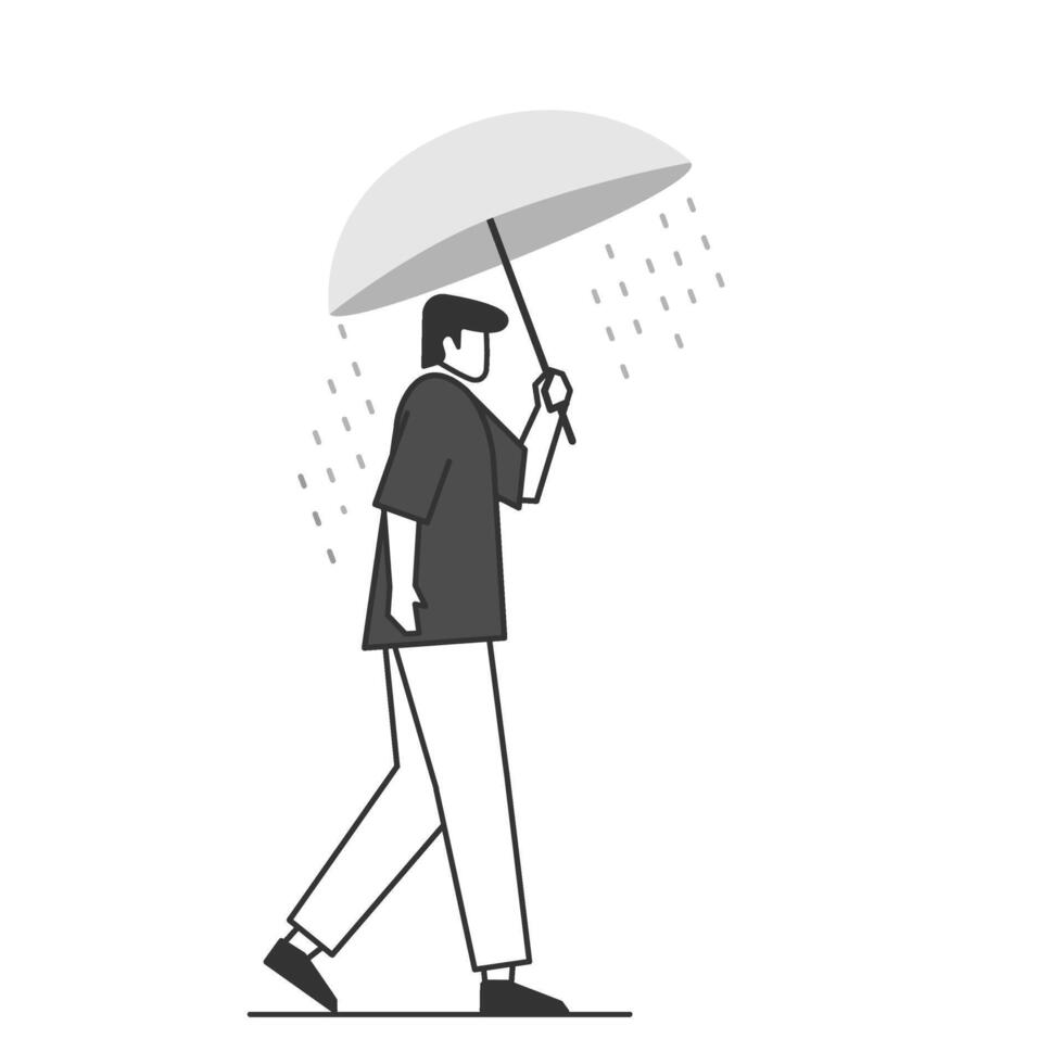 illustration of a flat character walking carrying an umbrella because it is raining vector