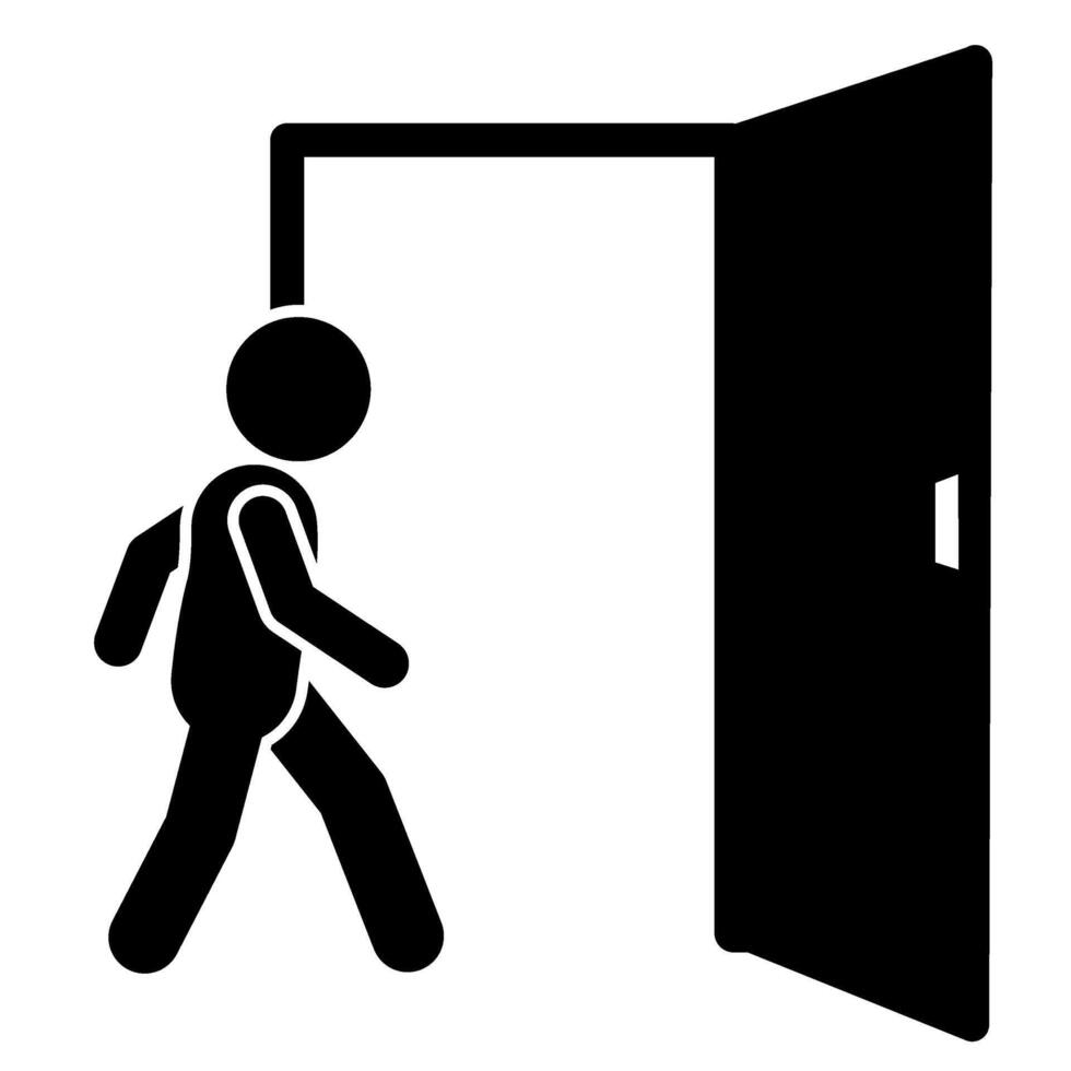 illustration of a stick figure icon entering and opening the door vector