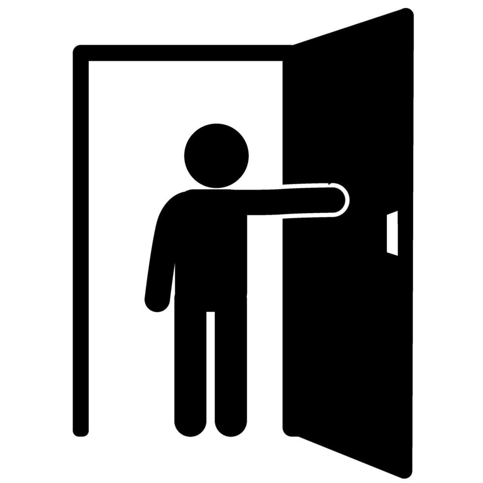 illustration of a stick figure icon opening a door vector