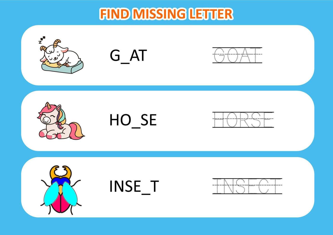 Find the missing letter of animal.Educational page for kids vector