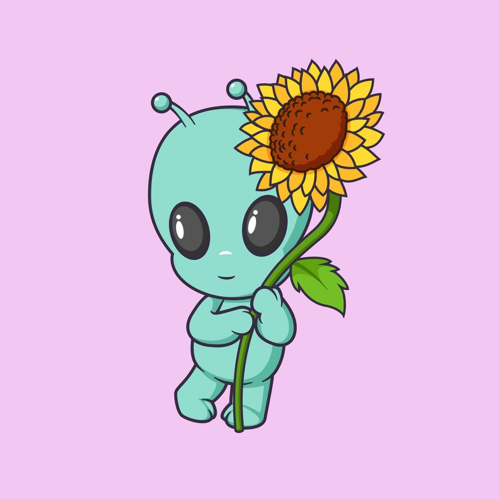 cute alien carrying a big sunflower Cartoon Icon Illustration. vector