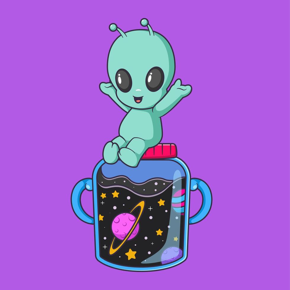 Cute alien sitting on Jar of Galaxy Space Cartoon Icon Illustration. vector