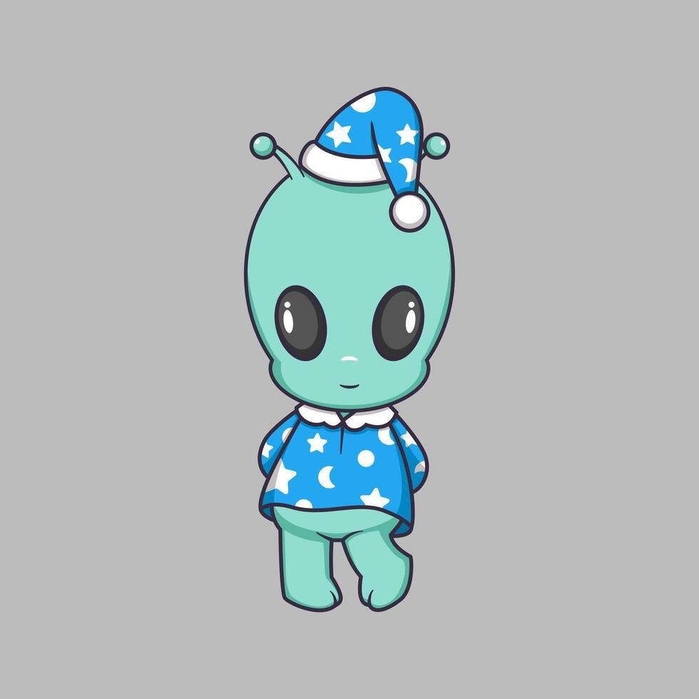 cute alien wearing pajamas and sleeping cap Cartoon Icon Illustration. vector