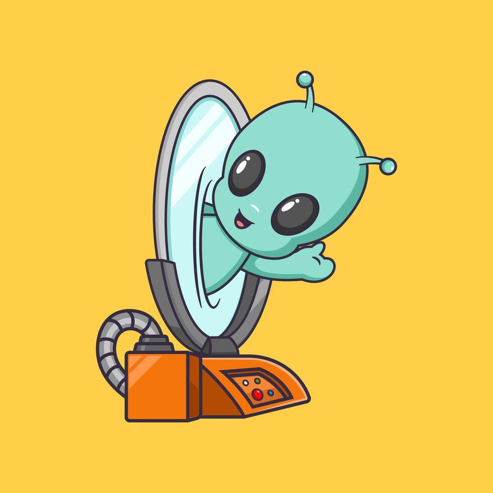 cute alien comes out of teleport glass Cartoon Icon Illustration. vector