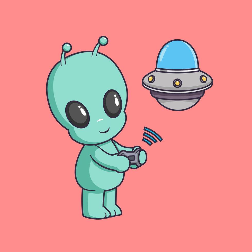 Cute alien Playing Ufo Toy Cartoon Icon Illustration. vector
