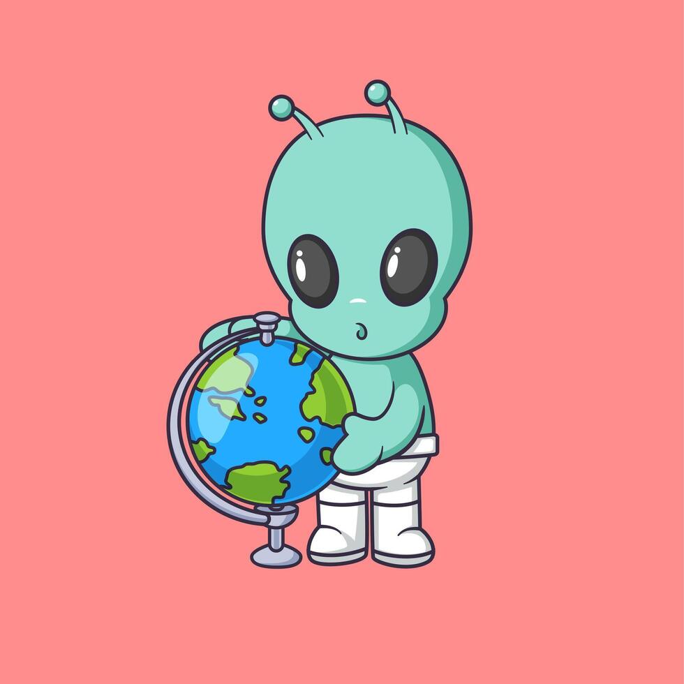 cute alien looking and observing globe Cartoon Icon Illustration. vector
