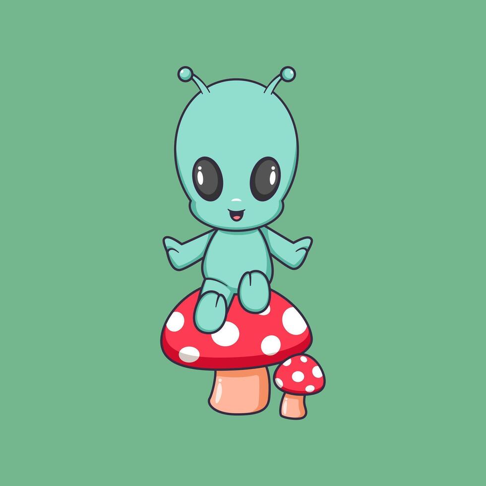 cute alien sitting on big mushroom Cartoon Icon Illustration. vector