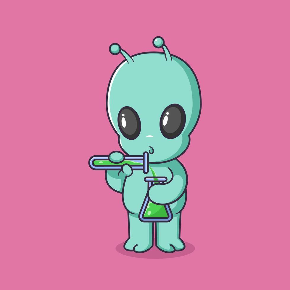 Cute Alien Scientist Holding Lab Tube Cartoon Icon Illustration. vector