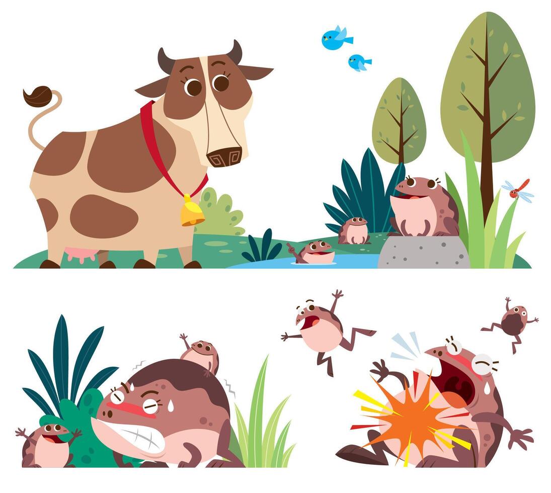 Cartoon characters The Bullfrog and the Cow. Fairy tale. vector