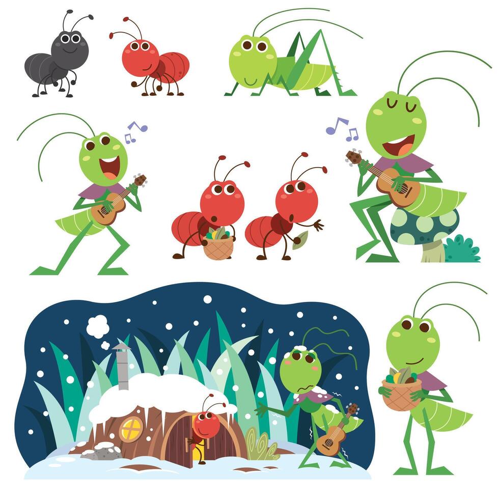 The Ant and the Grasshopper. Fairy tale characters. vector