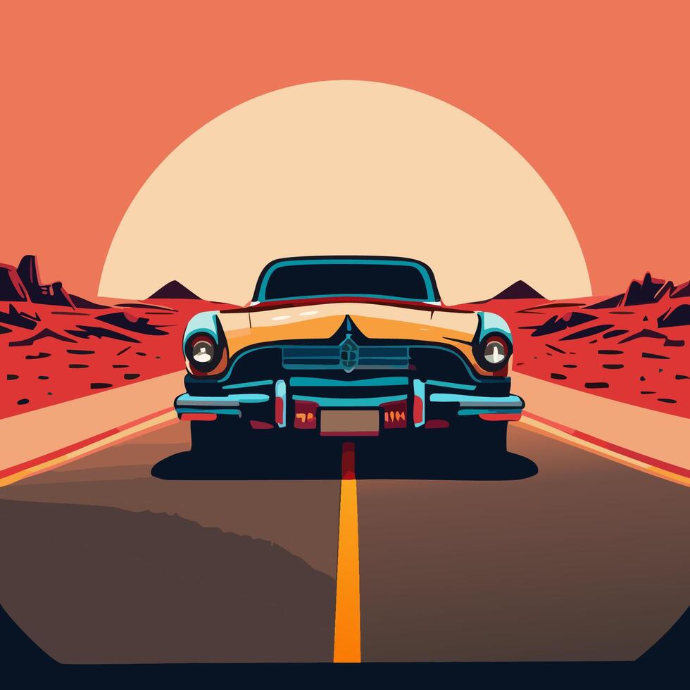 vintage car on a highway with desert sunset vector
