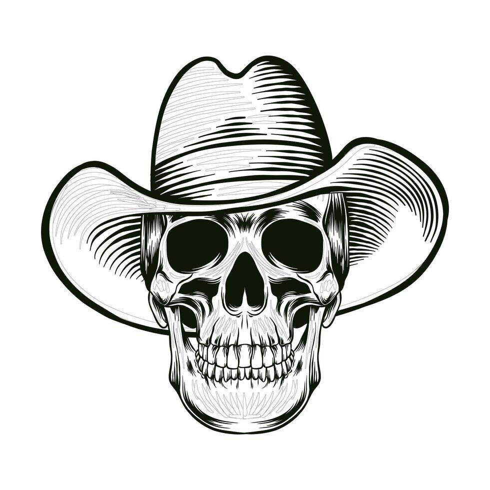 black and white illustration of a skull wearing a cowboy hat vector
