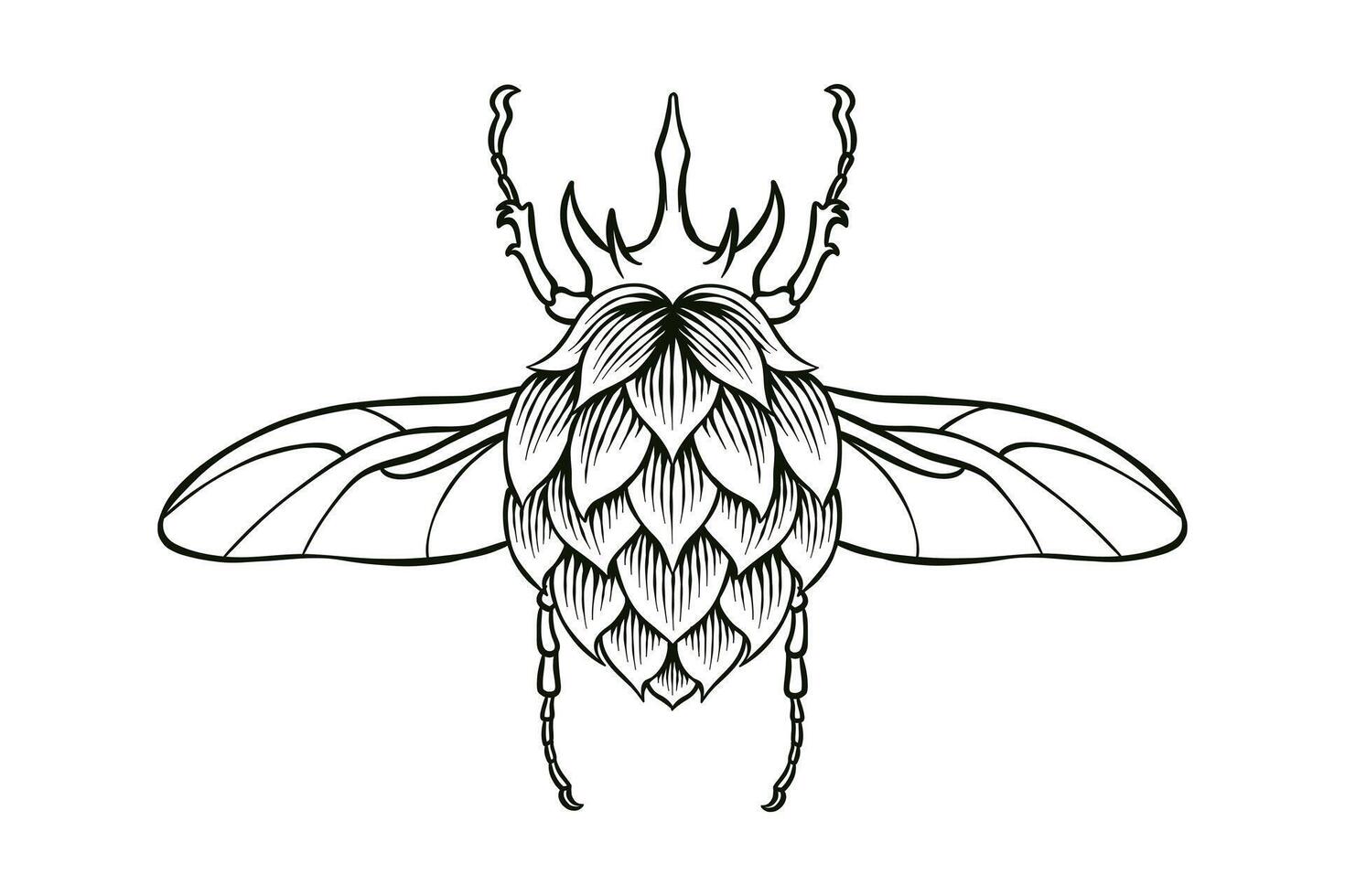 black and white illustration of the combination of hops and beetles vector