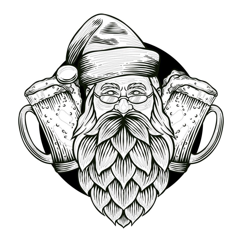 black and white illustration of santa with two glasses of beer vector