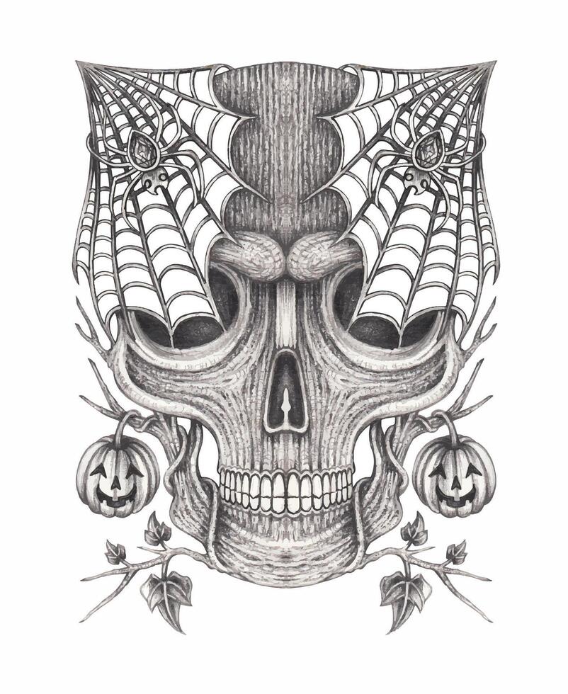 Webbed skull of halloween.This intricately detailed drawing features a large, ominous skull adorned with spiderwebs extending over its eye sockets, with two spiders crawling on the webs. vector