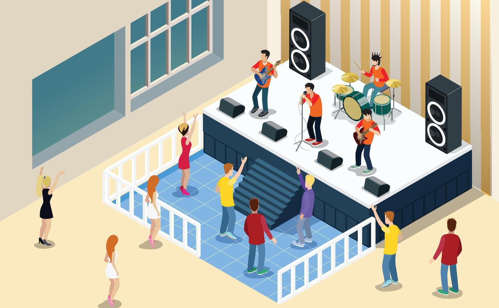Isometric Music live, with indoor view of dancefloor stage and dancing people illustration vector