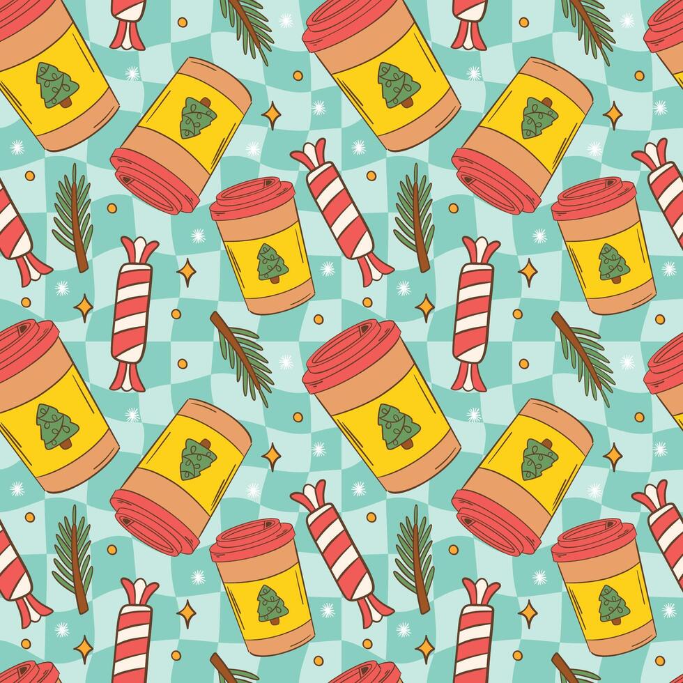 Festive Christmas Pattern With Coffee Cups and Candy Canes vector
