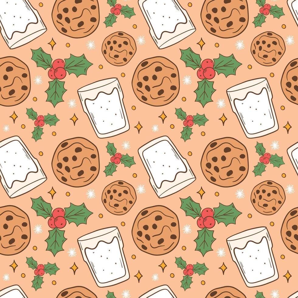 Festive Holiday Pattern with Milk, Cookies, and Holly vector
