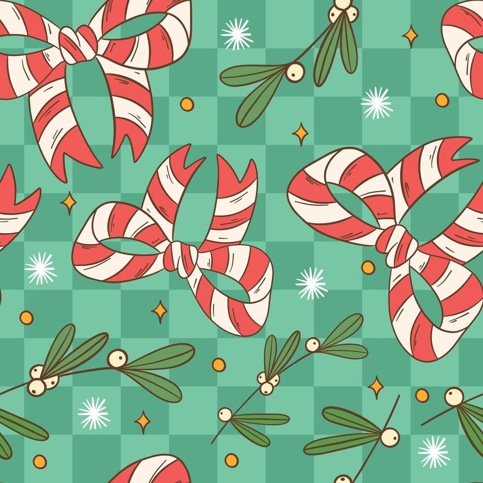 Festive Candy Cane Bow and Mistletoe Repeat Pattern Design vector