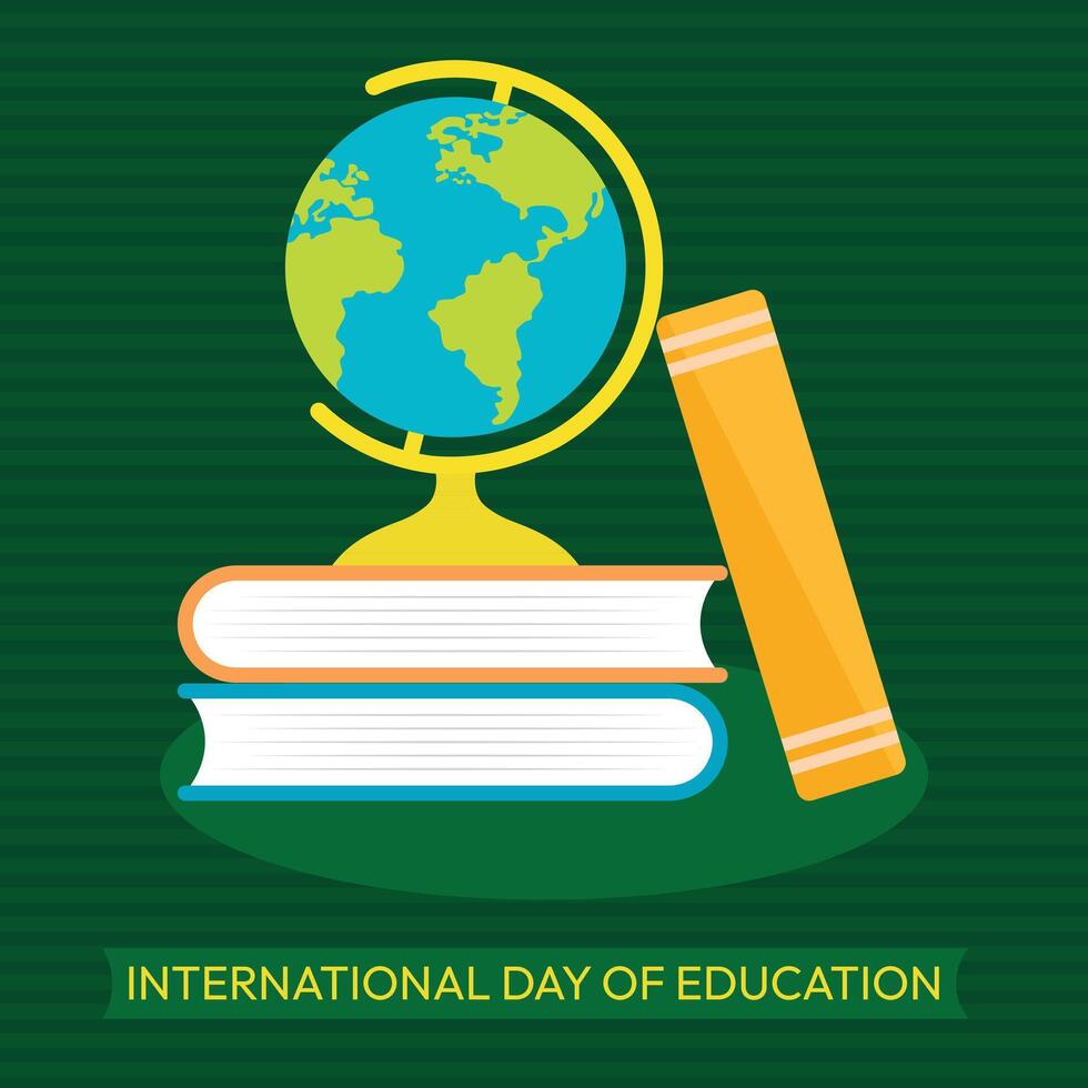 International day of education books and globe on green background. vector